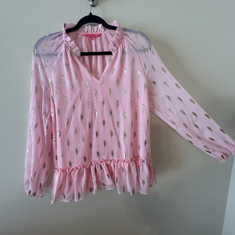 Lilly Pulitzer Tensley‎ Silk Top Pink Metallic Silver Gold Feathers Ruffles Sz S - Picture 4 of 15